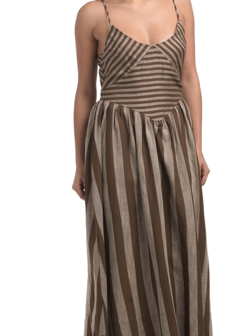 Torn by Ronny Kobo Brown and Cream Striped Spaghetti Strap Maxi Dress